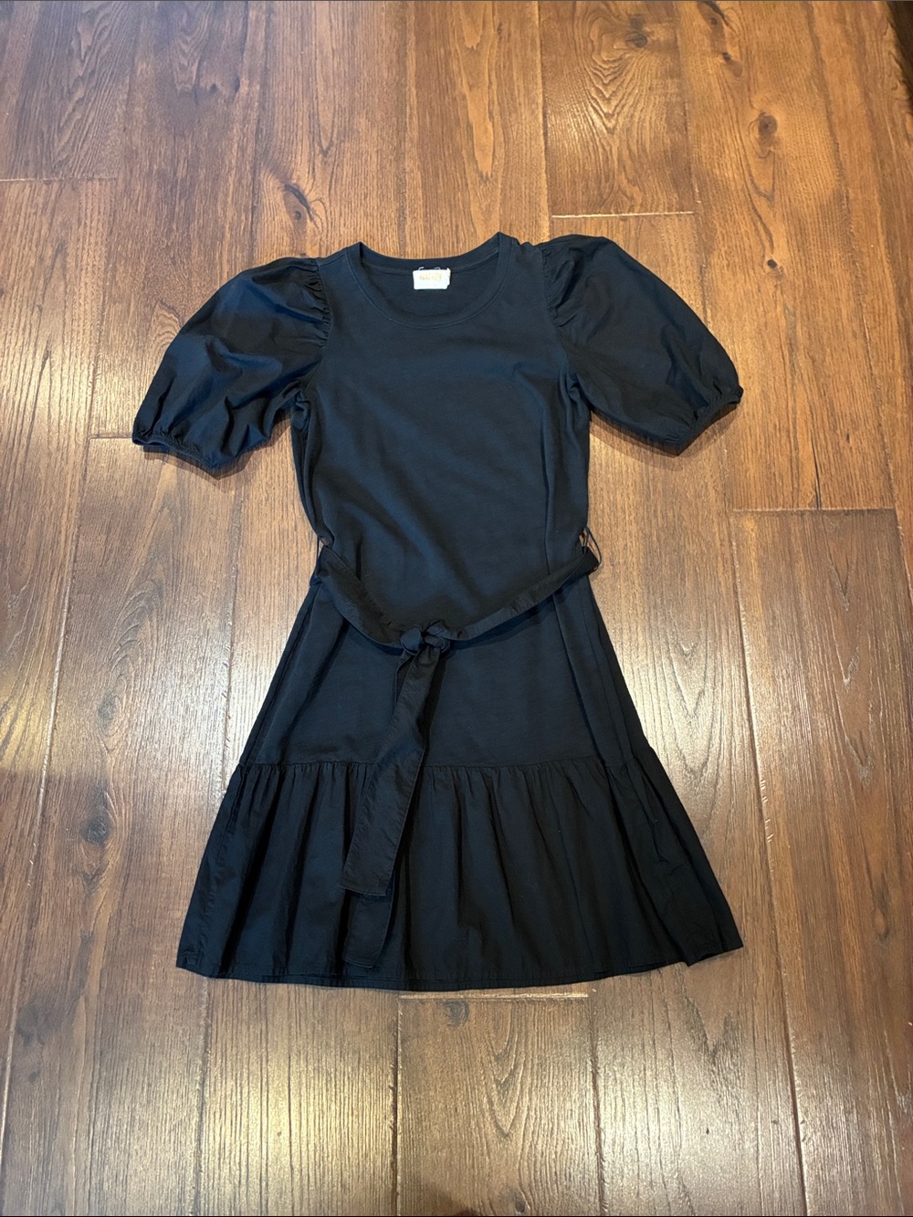 Black Puff-Sleeve Midi Dress with Waist Tie